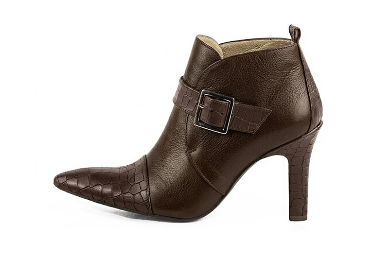 Chic women's ankle boots designed with statement front buckles and bridge straps for a bold, refined silhouette, in dark brown leather with almond toe and kitten heel - Florence KOOIJMAN